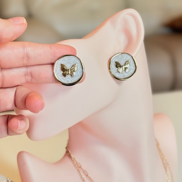 Gold and White Butterfly Earrings - Picture 7 of 10